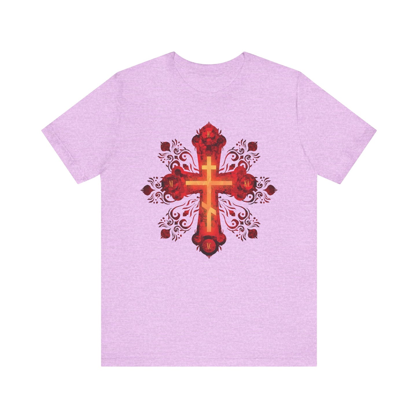 Heather Prism Lilac t-shirt with a red and gold ornate Russian style Orthodox cross design—“He was pierced for our transgressions”—on lightweight cotton. Unisex fit, inspired by Precious & Life-Giving Cross symbolism.