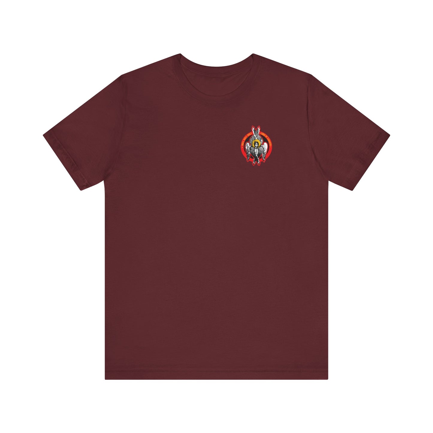 Maroon Holy Holy Holy Seraphim Angel Icono-Graphic T-shirt featuring a small, colorful Christian emblem with angelic motifs on the left chest; inspired by St John of Kronstadt. Lightweight cotton unisex fit.