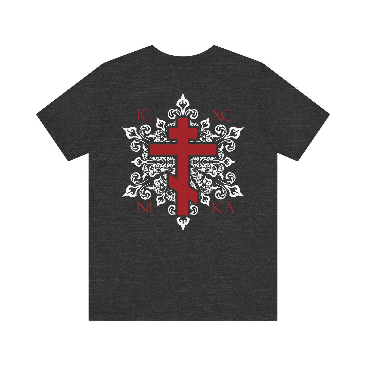 Order a custom lightweight cotton unisex T-shirt in black, featuring a red Orthodox ICXC NIKA cross on the back with white medieval floral designs and Greek letters around the cross, plus a matching red cross on the front left breast.