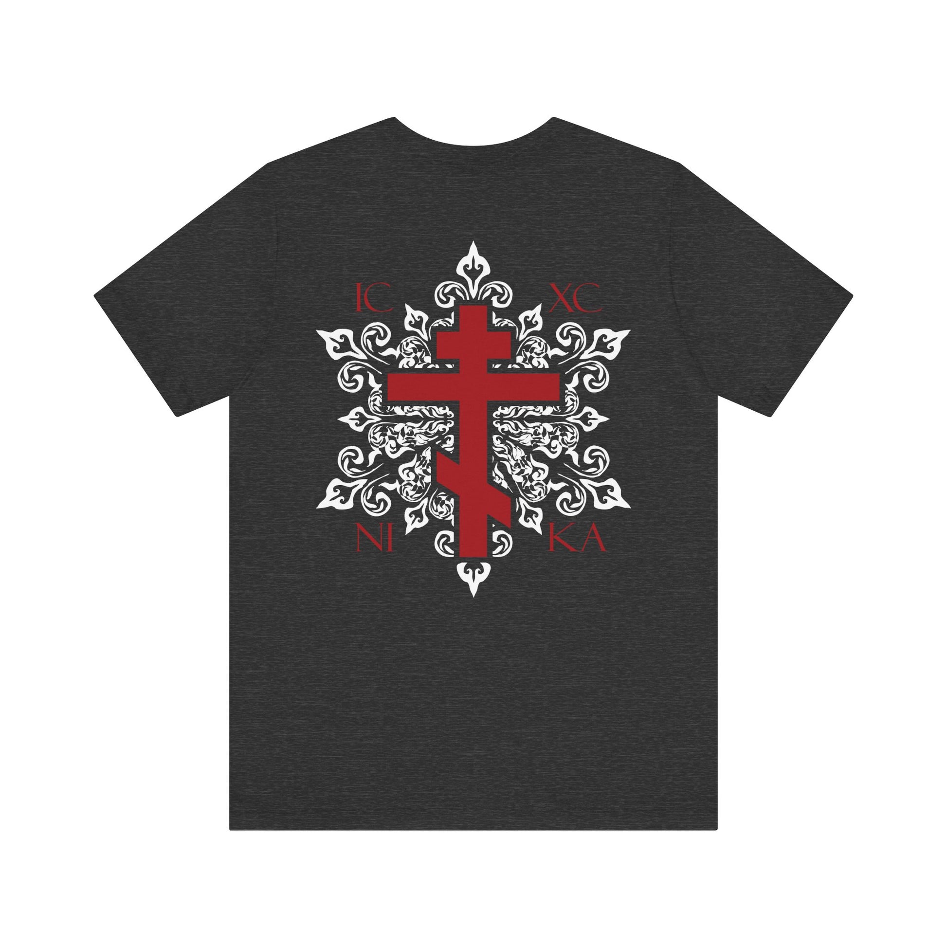 Order a custom lightweight cotton unisex T-shirt in black, featuring a red Orthodox ICXC NIKA cross on the back with white medieval floral designs and Greek letters around the cross, plus a matching red cross on the front left breast.