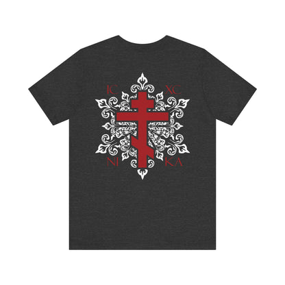 Order a custom lightweight cotton unisex T-shirt in black, featuring a red Orthodox ICXC NIKA cross on the back with white medieval floral designs and Greek letters around the cross, plus a matching red cross on the front left breast.