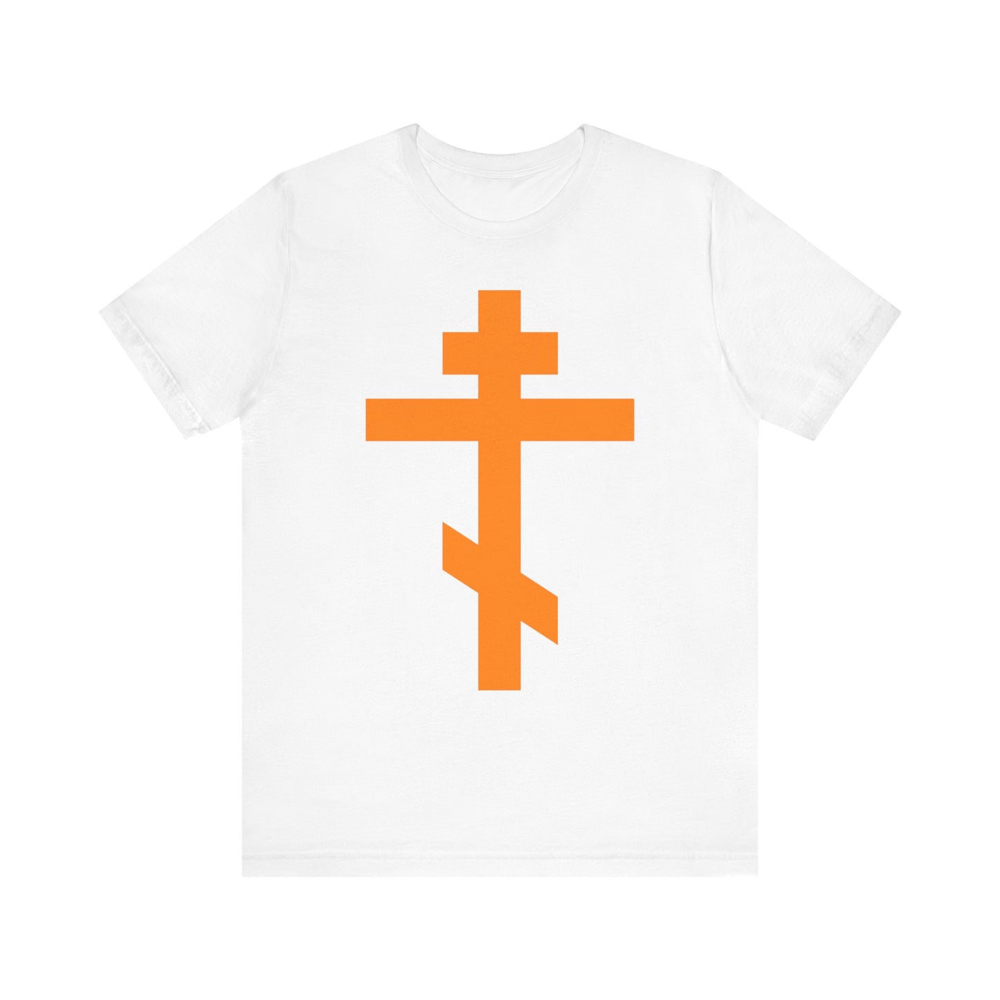 White "Orange Orthodox Tribar Cross" unisex lightweight cotton tee, featuring a large orange Eastern Orthodox cross and the inspiration "Preserve Thy People By Thy Cross, O Lord" print on the front.