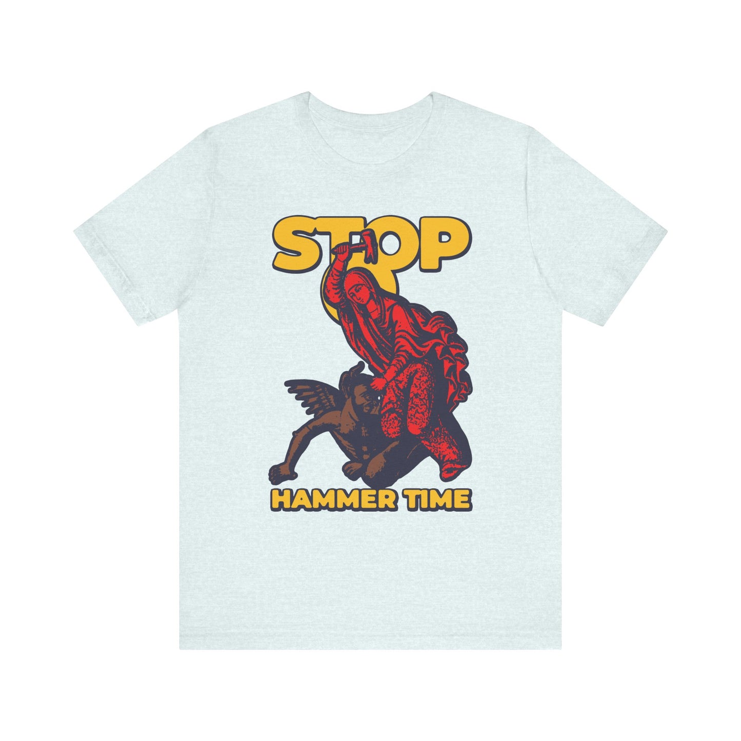 A lightweight unisex cotton t-shirt in Heather Ice Blue featuring a graphic of St. Marina of Antioch beating the devil with a hammer, along with bold yellow "STOP, HAMMER TIME" text.