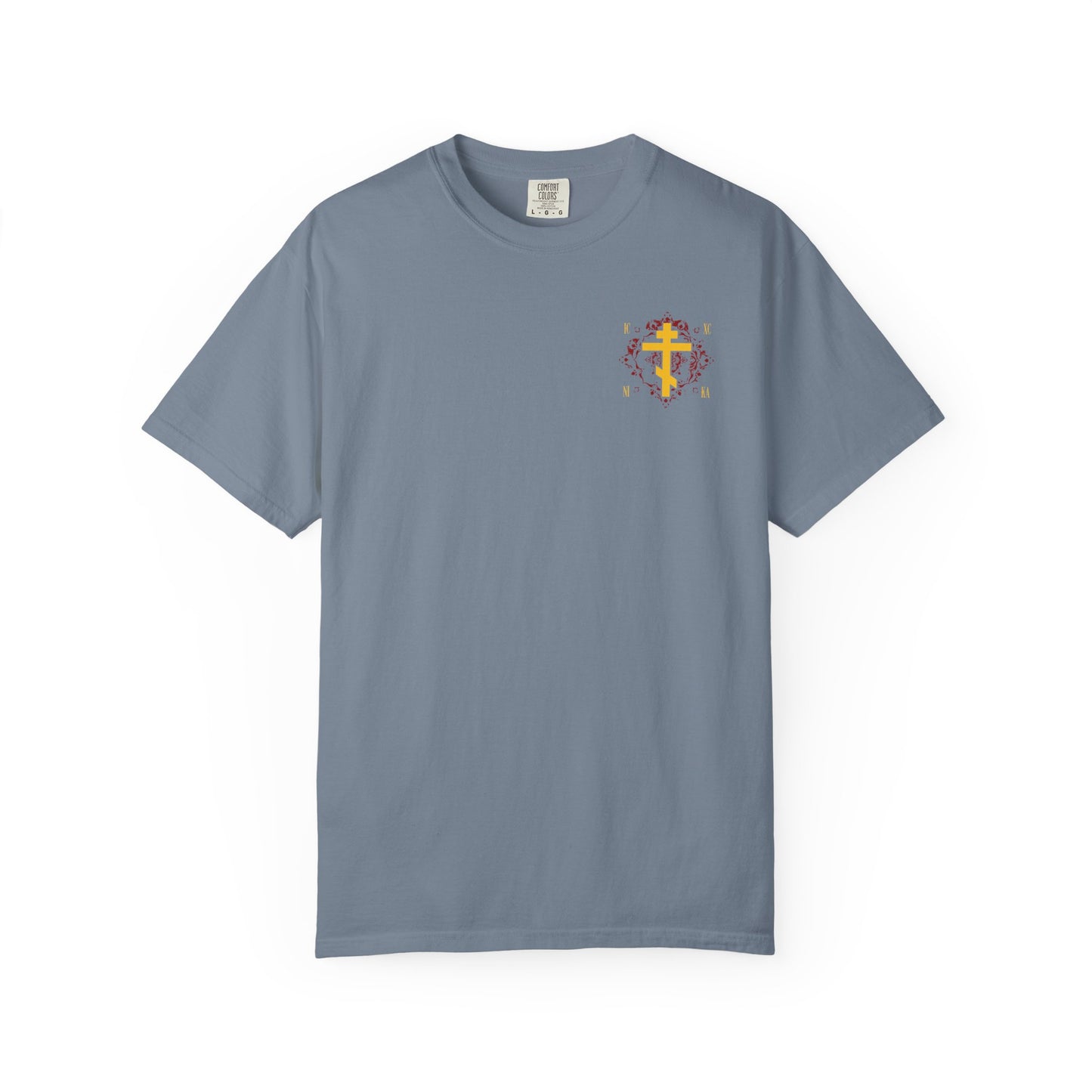 Blue Jean heavyweight cotton unisex t-shirt featuring a small yellow Orthodox Cross with an ornate red background (ICXC NIKA, Christ Conquers) on the left chest.