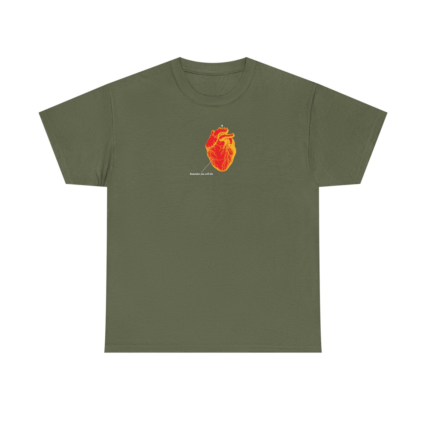 Military green unisex tee featuring a red and orange antique medical heart graphic with "Remember You Will Die" text, inspired by memento mori and Christian themes. Midweight cotton.