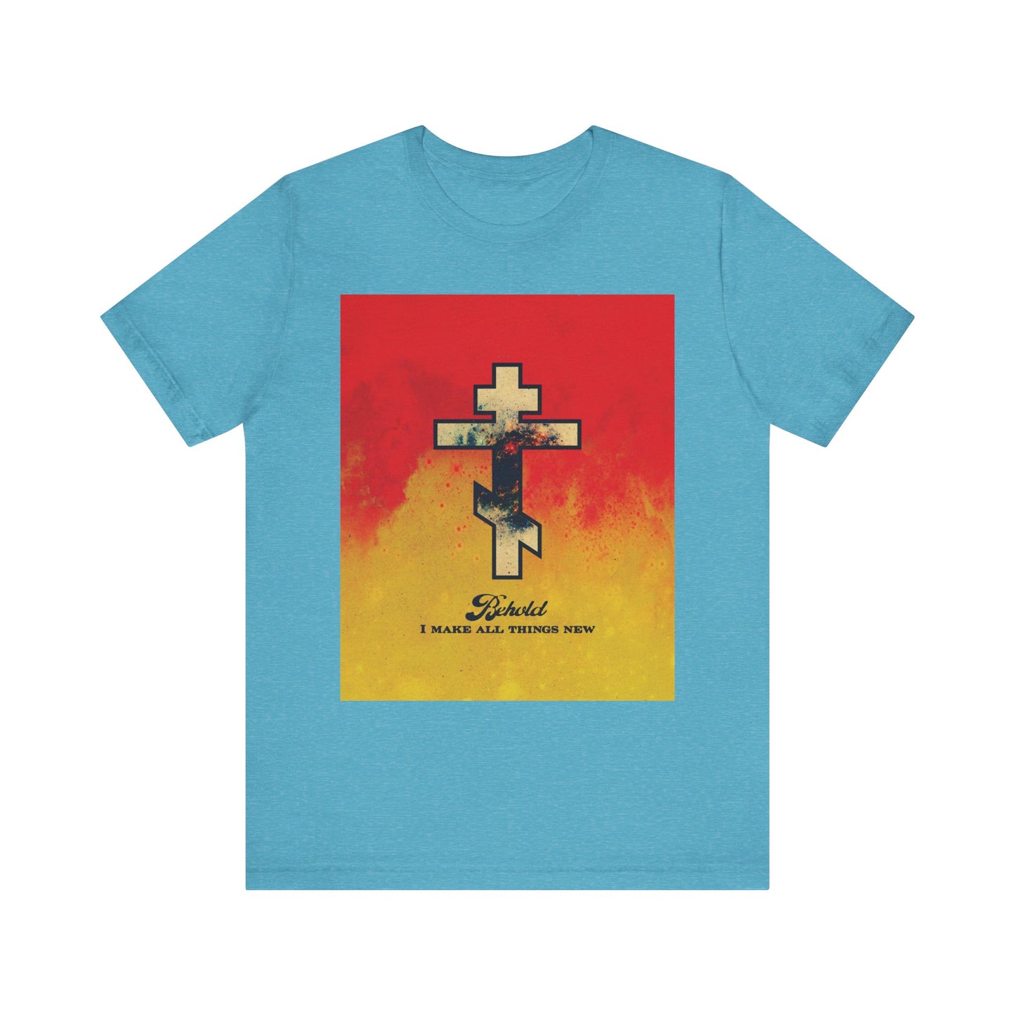 Heather Aqua lightweight cotton unisex tee featuring a cosmic Orthodox cross on a red and yellow background with the text "Behold, I Make All Things New (Rev 21:5)", inspired by Bible verses about the new heavens and earth.