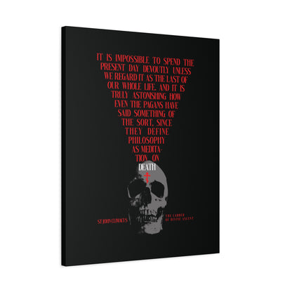 A black canvas titled "The Present Day As the Last Day of Our Life" features a skull with a red Orthodox cross, inspired by St. John Climacus’ memento mori meditation.