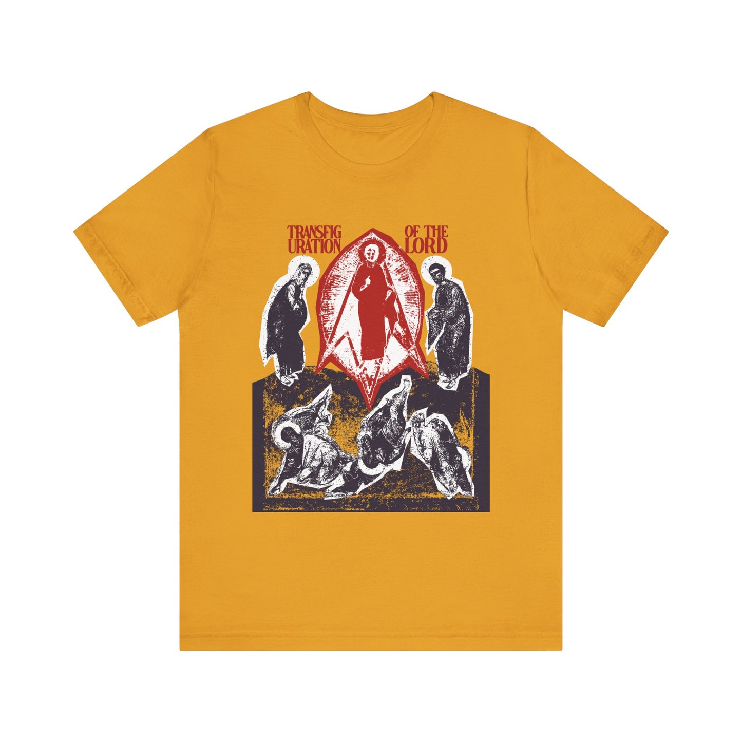 Mustard tee featuring abstract hooded figures and "Transfiguration of Christ" text, inspired by the Troparion. Transfiguration of the Lord Icono-Graphic in a punk zine cut-out style. Lightweight cotton, unisex fit.