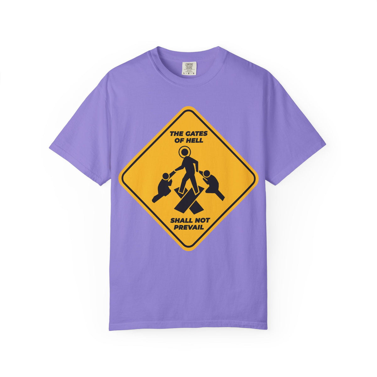 Violet heavyweight cotton unisex tee featuring a yellow minimalist street sign icon with three figures and the phrase: “The gates of hell shall not prevail.” Inspired by St John Chrysostom and Isaiah 45:2-3, this Pascha design boldly proclaims the treasures of faith that are revealed through darkness, and celebrates Christ trampling down death by death.