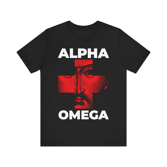 Black “I Am The Alpha + The Omega, The Beginning + The End (Rev 1:8)” Orthodox Christian cotton T-shirt featuring Christ’s face in a red cross iconographic style.