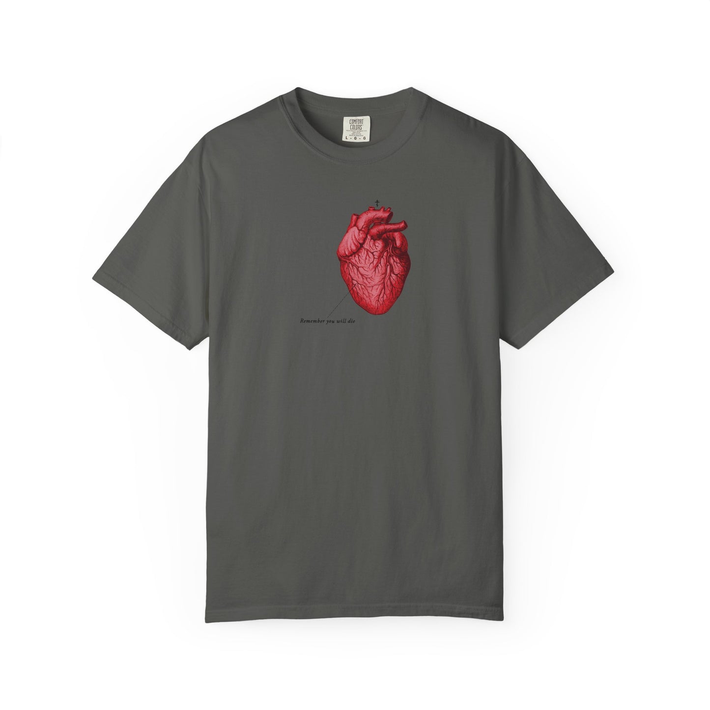 Pepper-colored unisex heavyweight cotton t-shirt featuring a retro medical heart and "Remember You Will Die," inspired by memento mori themes.