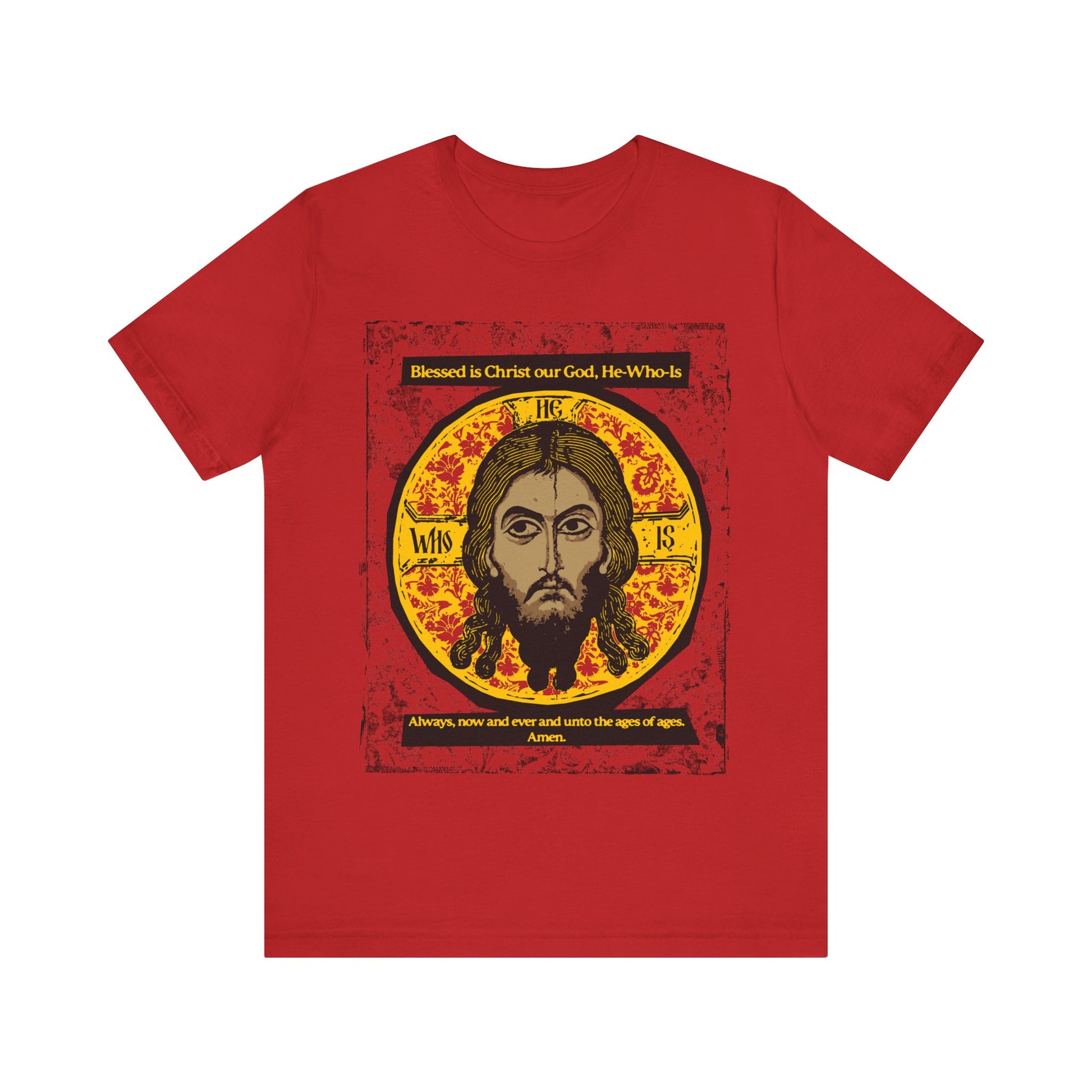 The Remembrance of Death "Made Without Hands" T-shirt features a red, black, and yellow Orthodox icon of Jesus Christ with a golden halo and ornate designs. The shirt displays the hymn text: Blessed is Christ our God, Always, now and ever.
