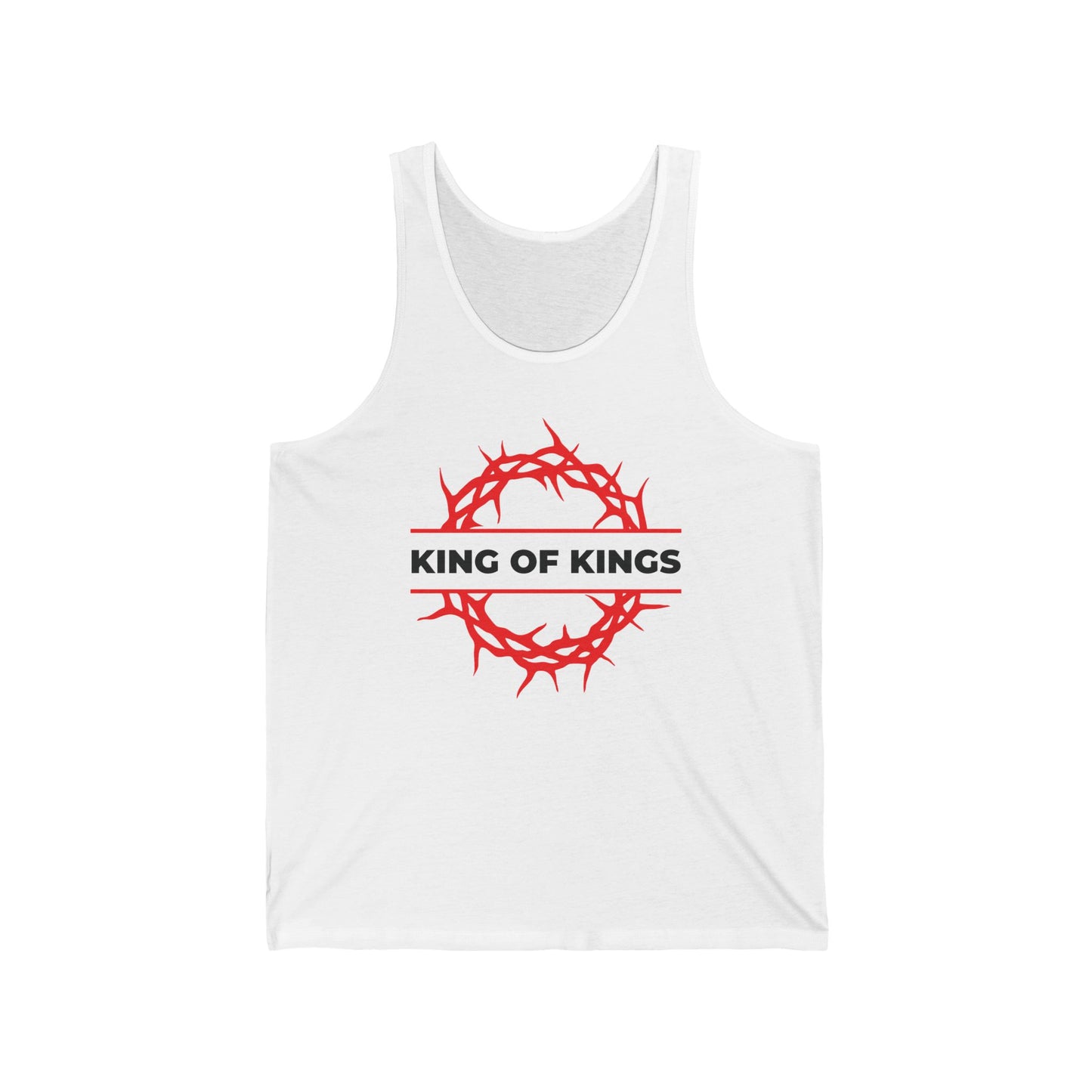 White jersey cotton tank top, “King of Kings Crown of Thorns | The King of Glory | Christ is King” design, inspired by Revelation 19:16. Features a red crown of thorns and bold black text—a powerful Christian faith statement.