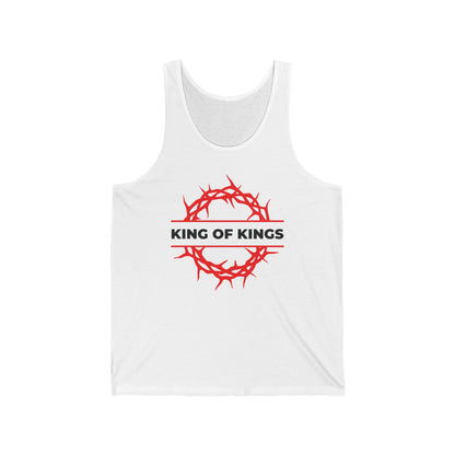 White jersey cotton tank top, “King of Kings Crown of Thorns | The King of Glory | Christ is King” design, inspired by Revelation 19:16. Features a red crown of thorns and bold black text—a powerful Christian faith statement.