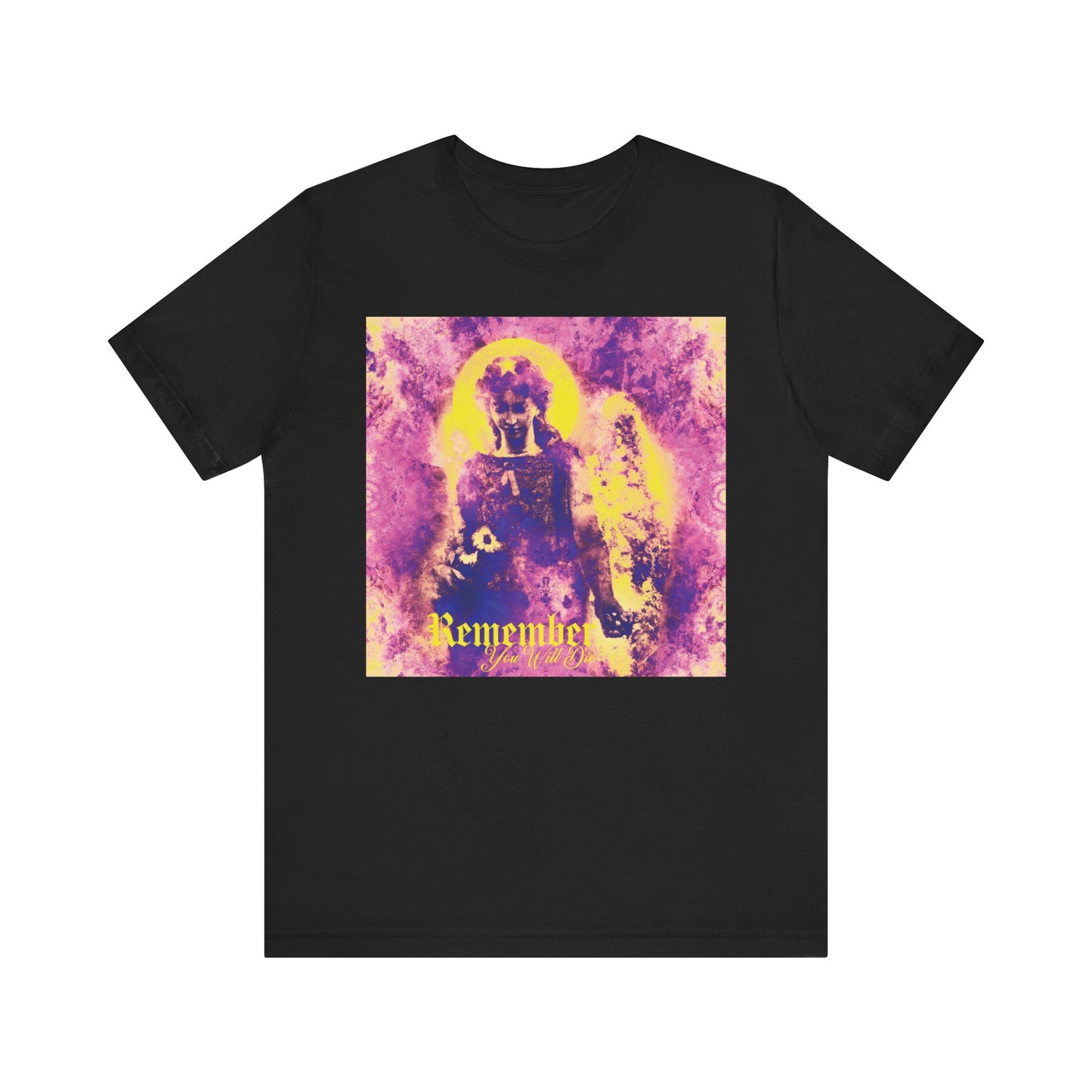 Black t-shirt featuring a pastel goth psychedelic cemetery angel graphic in purple and yellow, inspired by Orthodox Christian tradition, with the words "Remember You Will Die"—a comforting reminder of protection and prayer wherever you go.