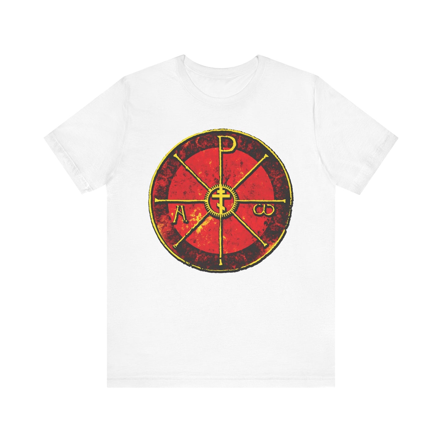 White Alpha & Omega Chi Rho Orthodox Cross T-shirt—a lightweight cotton top featuring an ancient Christogram in red and yellow, with letters and a vertical line, inspired by Saint Ambrose's Chrismon design.