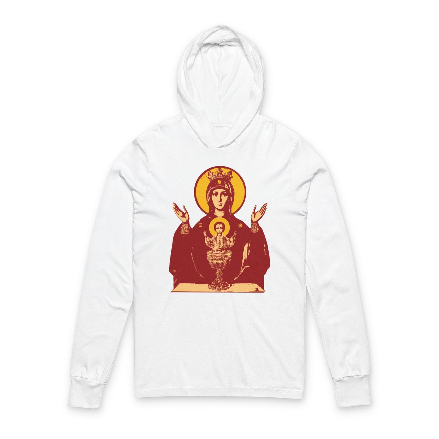 White Orthodox Christian hoodie featuring the Holy Theotokos IconoGraphic of the Inexhaustible Chalice, revered as a deliverer from addictions and conqueror of passions, printed on the front.