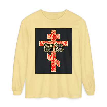 Gold long-sleeve Christian shirt featuring a red floral Orthodox cross and gothic "Every Knee Shall Bow" text, inspired by Isaiah 45:22-24 and Phil 2:7-11, declaring Jesus Christ is Lord.