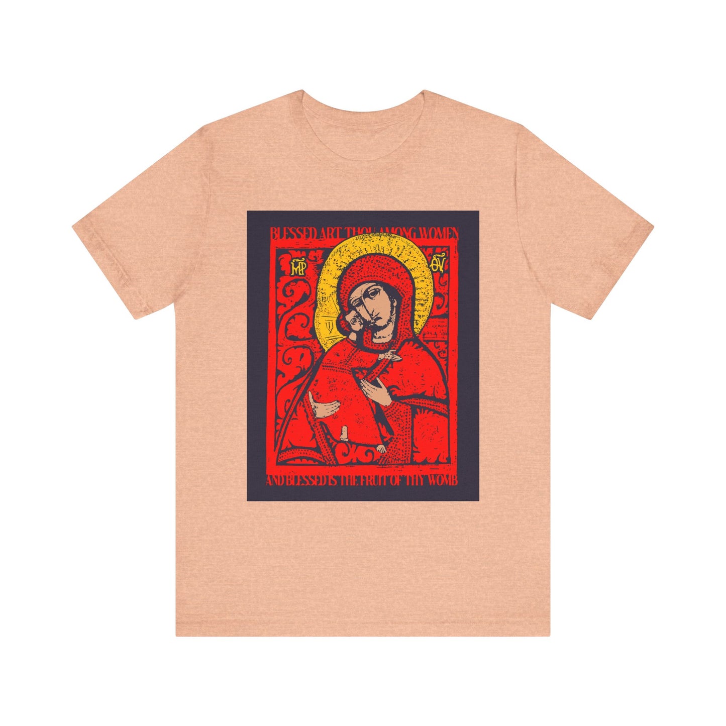 Heather peach lightweight cotton unisex t-shirt featuring a red and gold icon-style image of the Vladimir Theotokos, with "Blessed Art Thou Among Women" Orthodox Christian text at the top and bottom.