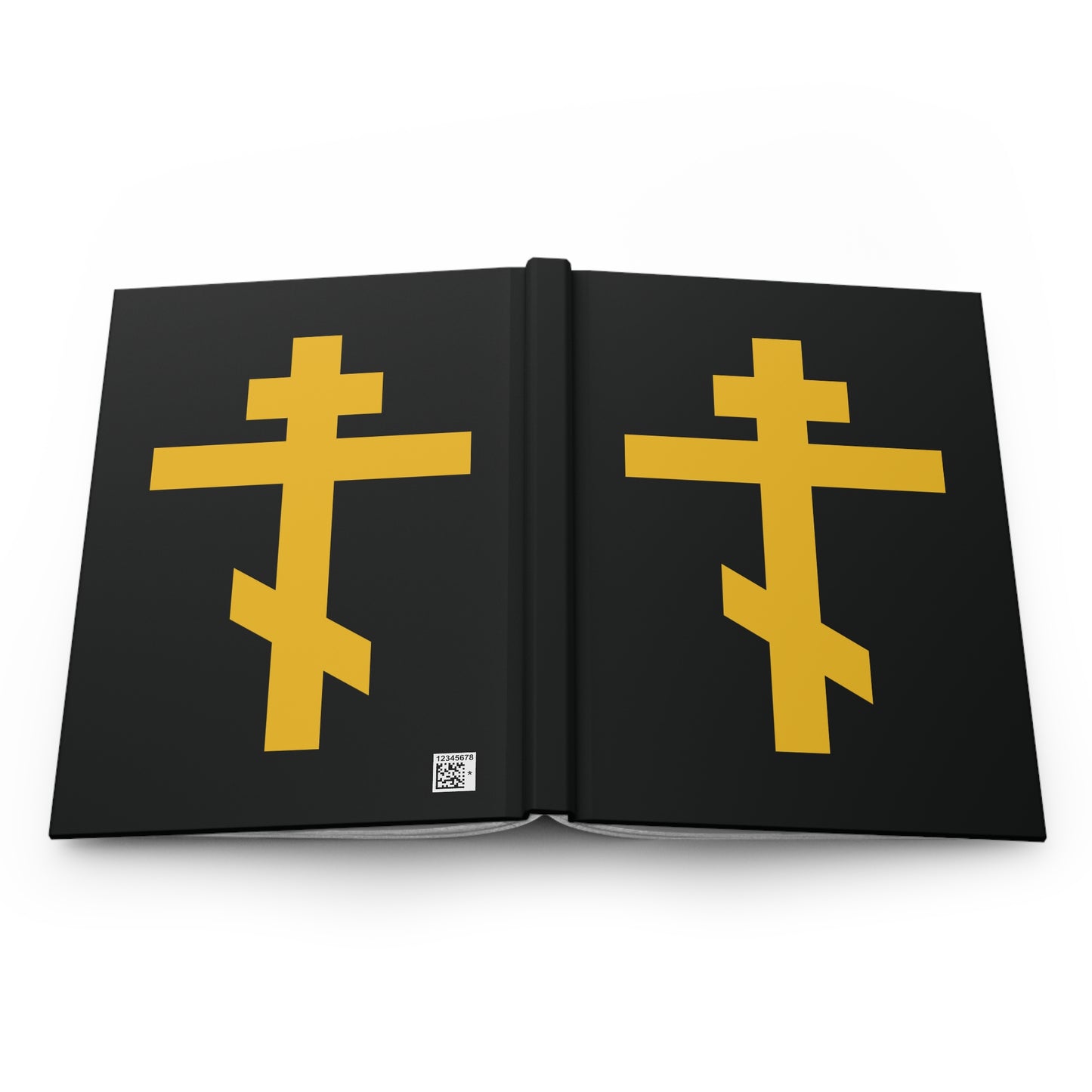 Yellow Orthodox Cross on black background hardcover journal, titled "Precious and Life-Giving Weapon of Unseen Warfare | Scourge of Demons," symbolizing Galatians 2:20 and being crucified with Christ.