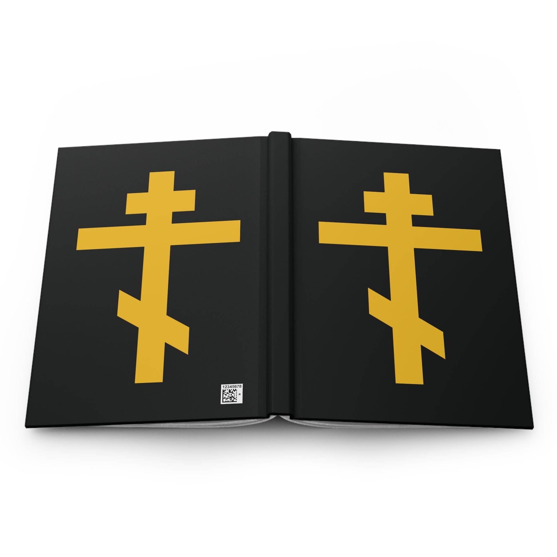 Yellow Orthodox Cross on black background hardcover journal, titled "Precious and Life-Giving Weapon of Unseen Warfare | Scourge of Demons," symbolizing Galatians 2:20 and being crucified with Christ.
