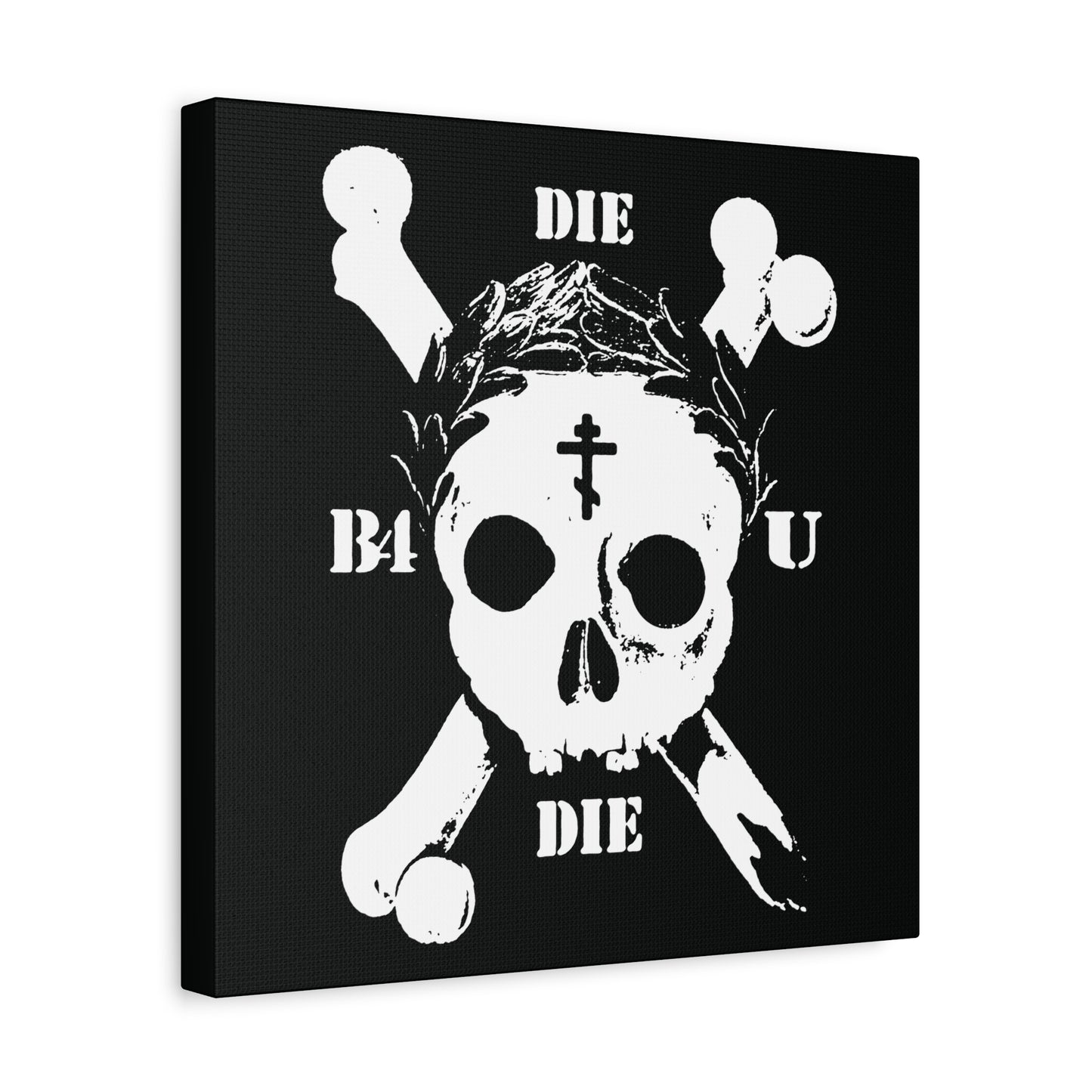 Die Before You Die | Retro Skull & Crossbones & crown on black, with Orthodox Cross and laurel wreath. Memento Mori ascetic Christian wall art referencing Matthew 16:24-25: “take up his cross” and deny himself.