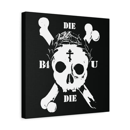 Die Before You Die | Retro Skull & Crossbones & crown on black, with Orthodox Cross and laurel wreath. Memento Mori ascetic Christian wall art referencing Matthew 16:24-25: “take up his cross” and deny himself.