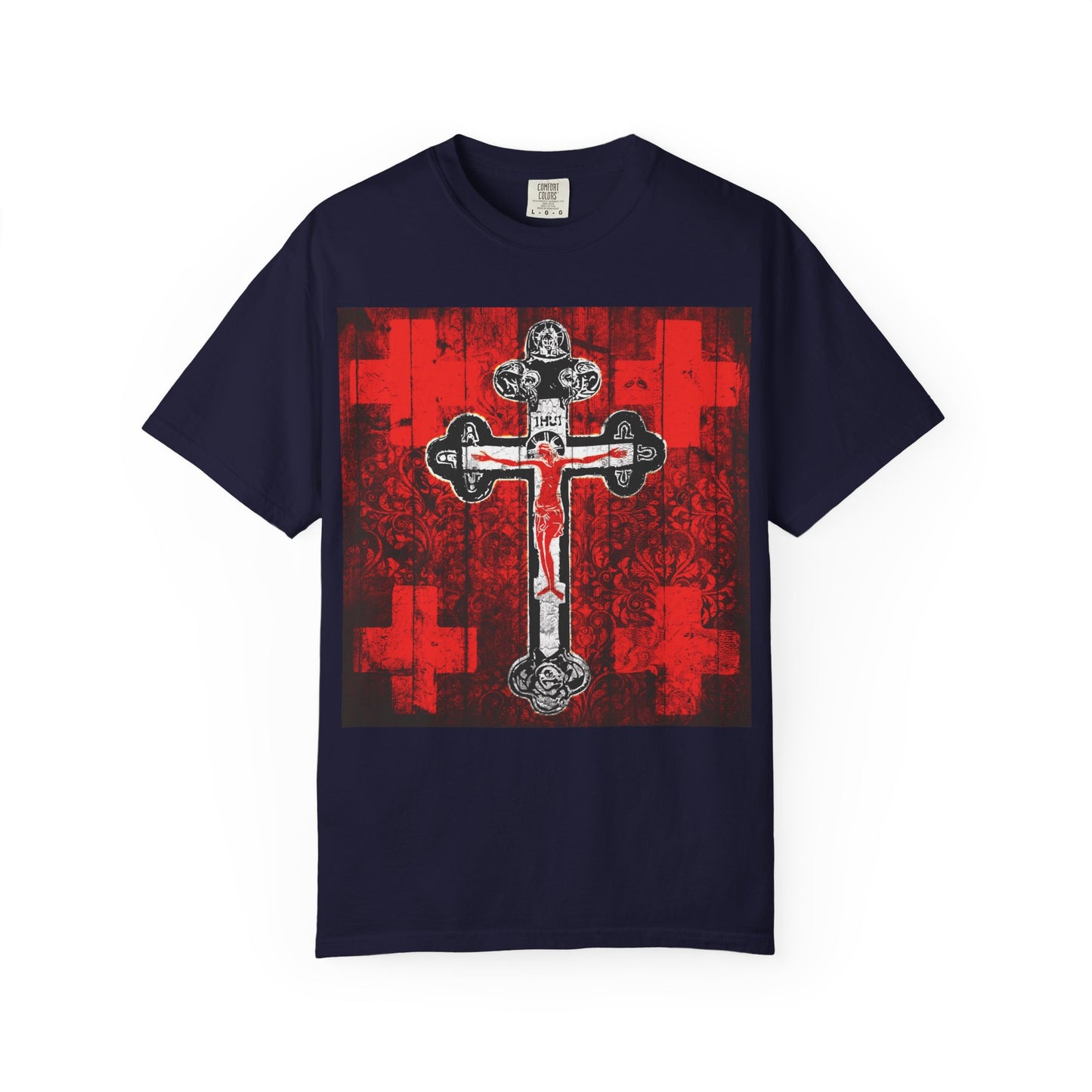 Alpha & Omega Art Cross | Jesus Christ Crucifix Orthodox IconoGraphic—this True Navy heavyweight cotton unisex tee features a striking red, white, and black ornate cross design inspired by the Adoration of the Precious and Life-Giving Cross, making it a meaningful choice for Great Lent Vespers and personal reflection.