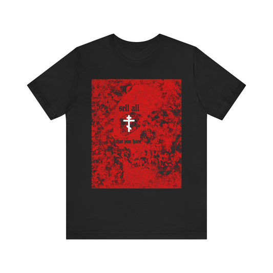 Black "Sell All That You Have (Matthew 19:21)" unisex T-shirt featuring a red halftone skull, white Orthodox cross, and a reference to the words of Jesus in Matthew 19:21—reminding us of the pursuit of eternal life through following His commandments. Made from lightweight cotton.