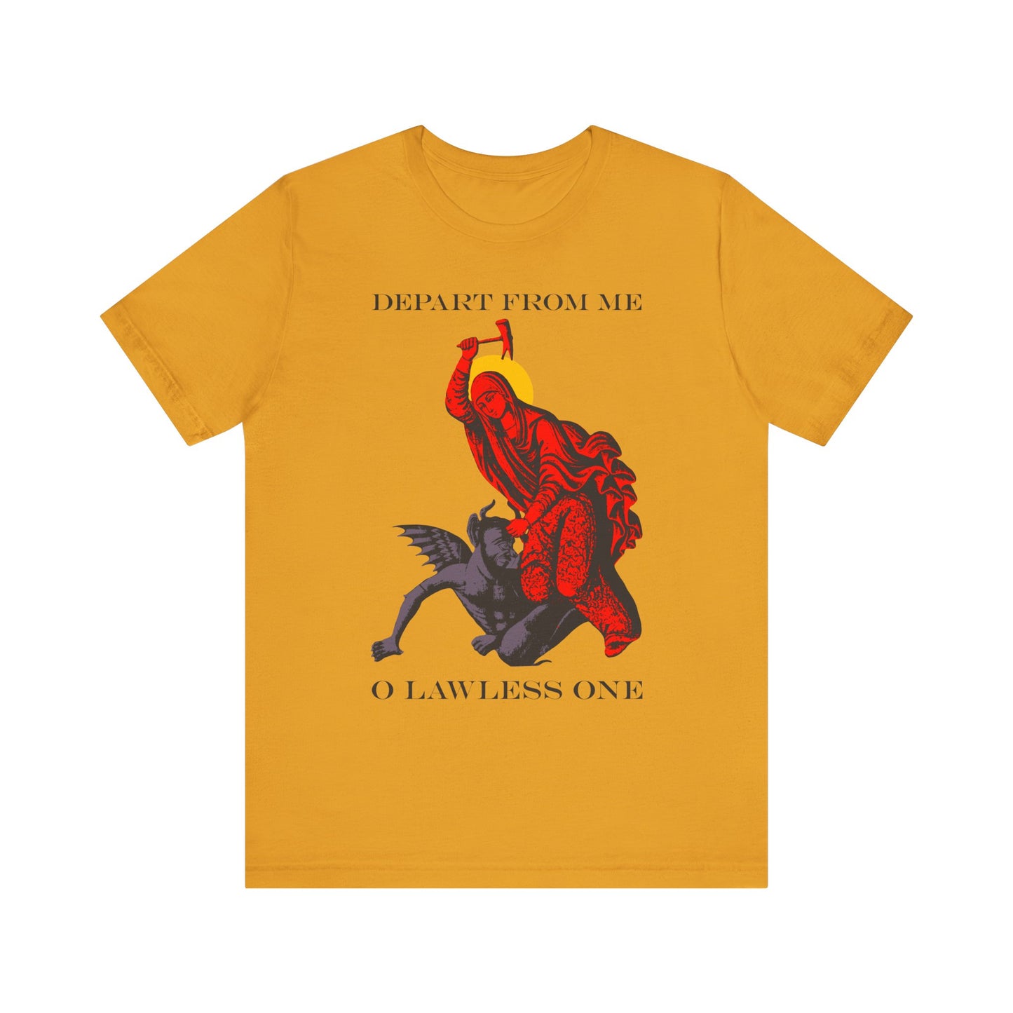 Mustard St Marina IconoGraphic tee: Saint beating the devil with a hammer, inspired by the Life of Margaret of Antioch, with "DEPART FROM ME O LAWLESS ONE" text. Lightweight cotton unisex shirt.