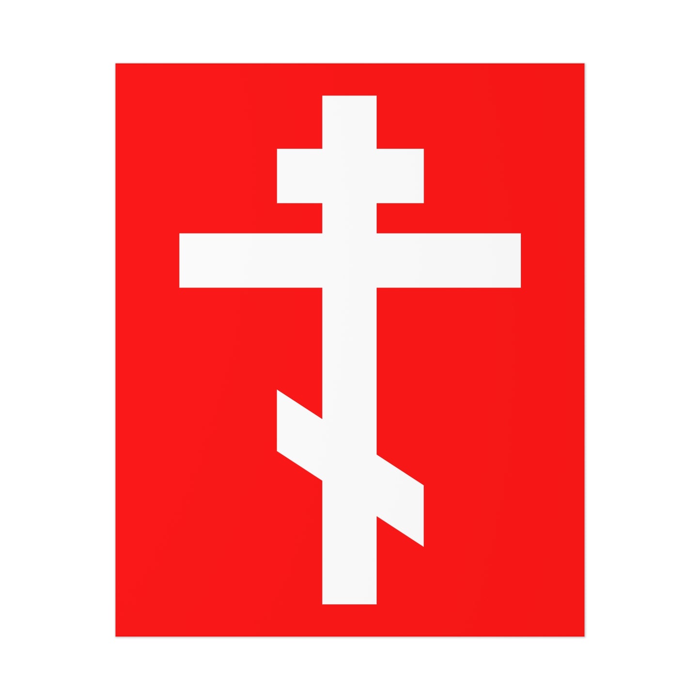 The White Orthodox Cross Red Background Art Poster features a white Russian Orthodox cross on red, with the phrase "May I never boast, except in the cross of our Lord Jesus Christ" (Gal 6:14).