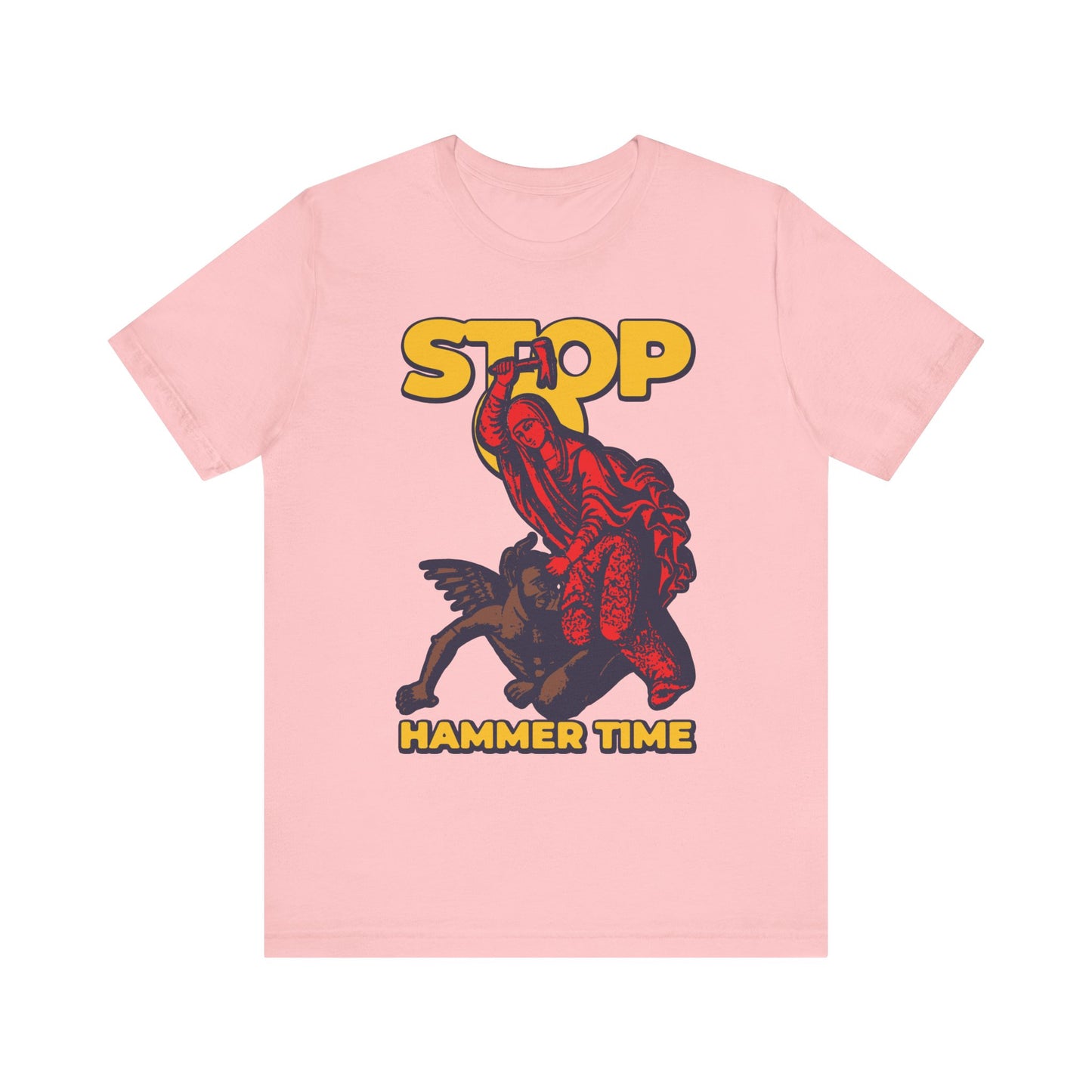 Pink unisex lightweight cotton t-shirt featuring a vibrant red, blue, and yellow graphic of St. Marina of Antioch beating the devil with a hammer and the text “Stop, Hammer Time”—an Orthodox meme inspired by legendary saints’ tales.