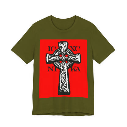Olive t-shirt with ICXC NIKA Celtic Knotwork Cross in black and white on a red background, symbolizing "Jesus Christ Conquers"—a traditional Orthodox Christian design.