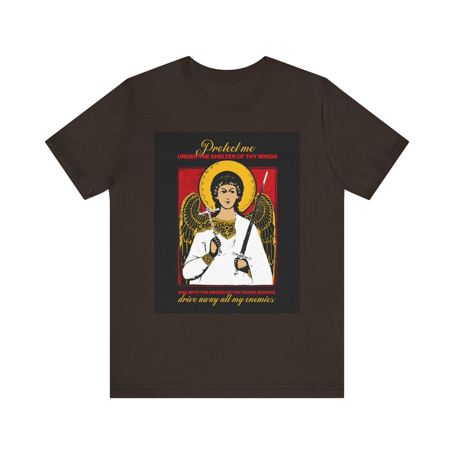 Brown unisex t-shirt featuring the Holy Guardian Angel holding a sword and cross iconographic design, with protection prayer text above and below, symbolizing divine defense against enemies. Lightweight cotton for comfort.