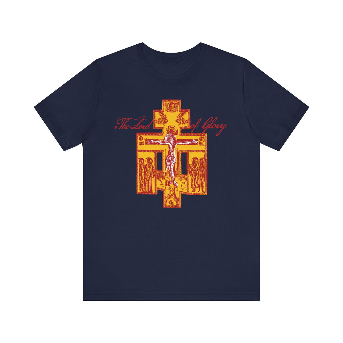 Navy "The Lord of Glory | Russian Golgotha Crucifix IconoGraphic" lightweight cotton unisex tee featuring a yellow and red ornate cross design, inspired by 1 Corinthians 2:8.