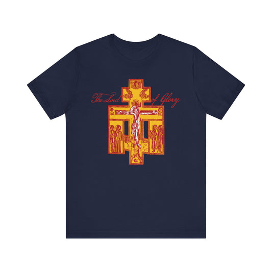 Navy "The Lord of Glory | Russian Golgotha Crucifix IconoGraphic" lightweight cotton unisex tee featuring a yellow and red ornate cross design, inspired by 1 Corinthians 2:8.
