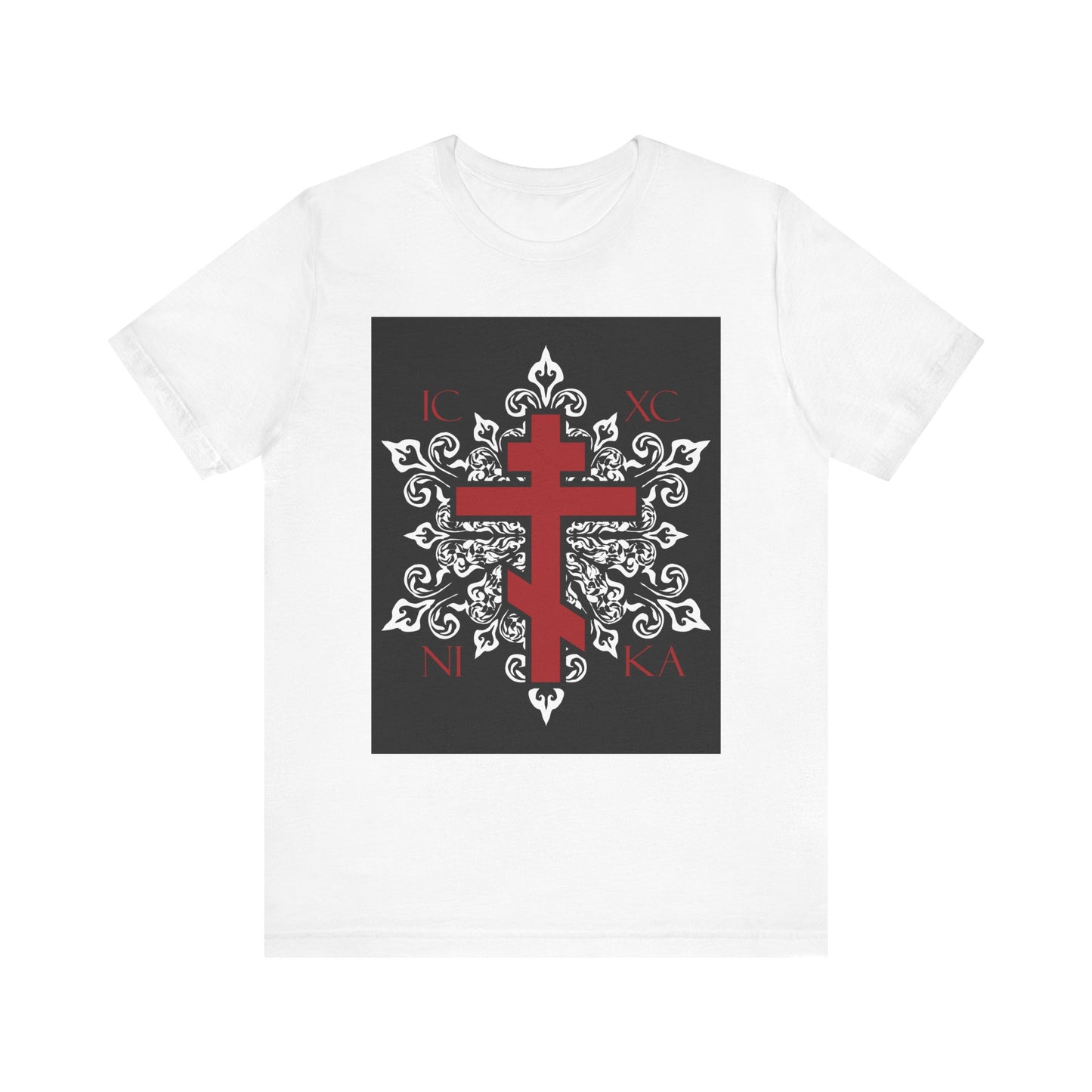 The ICXC / NIKA Red Orthodox Cross on Ornate White Medieval Floral Design is a best-selling white Orthodox Christian unisex t-shirt, featuring a red cross and decorative black-and-white floral background on lightweight cotton.