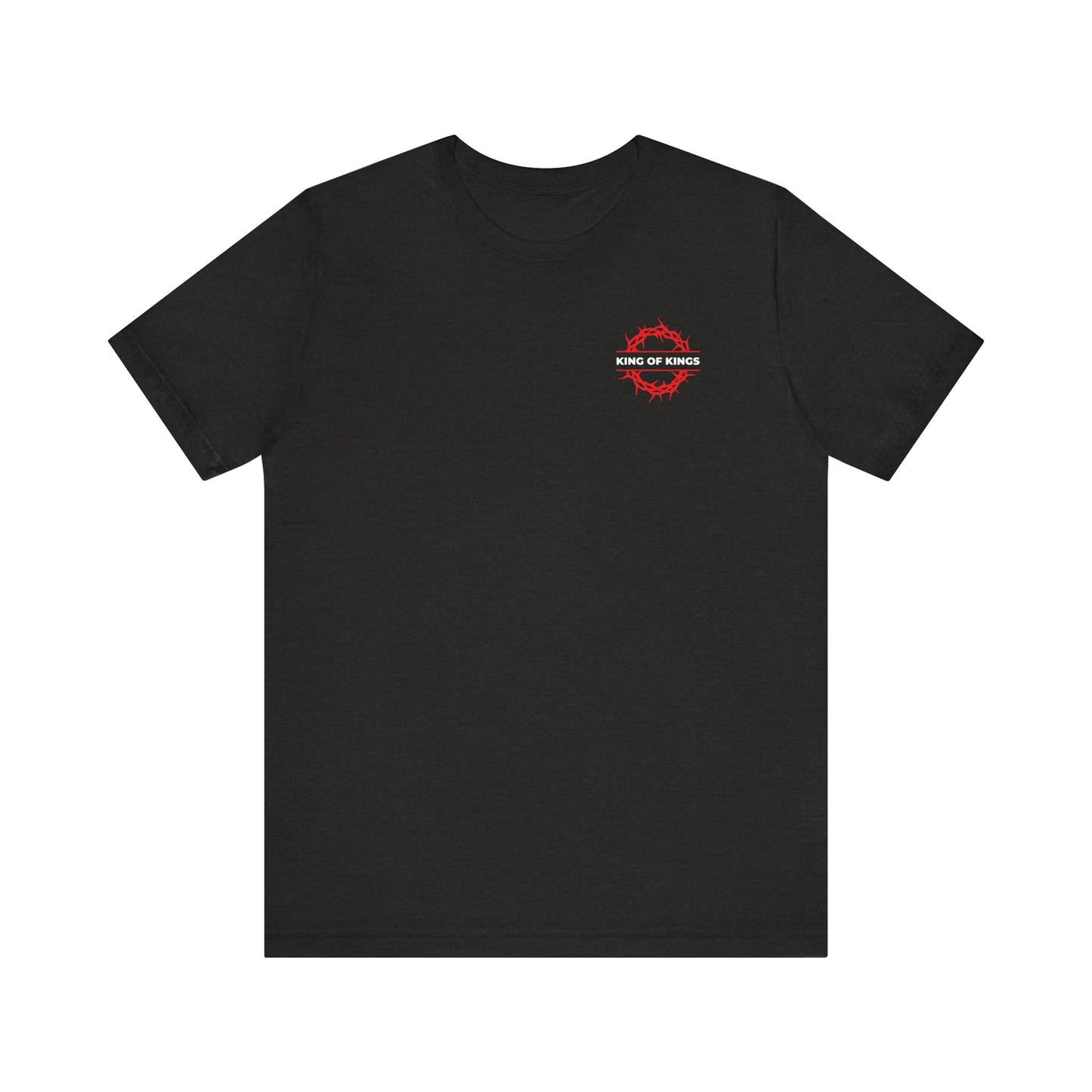 Black Heather unisex t-shirt featuring The King of Kings Crown of Thorns small left breast design and "Christ is King" text, inspired by Revelation 19:16 where the King of Glory appears.