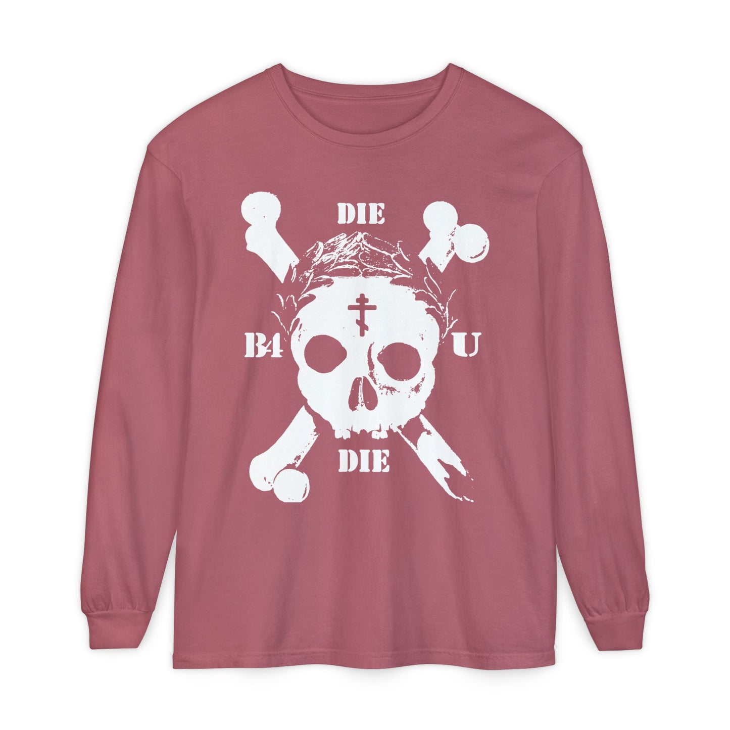 Crimson long-sleeve Die Before You Die shirt with retro skull & crossbones, Orthodox Cross, laurel wreath, and Memento Mori text—an ascetic Christian design inspired by Matthew 16:24-25.