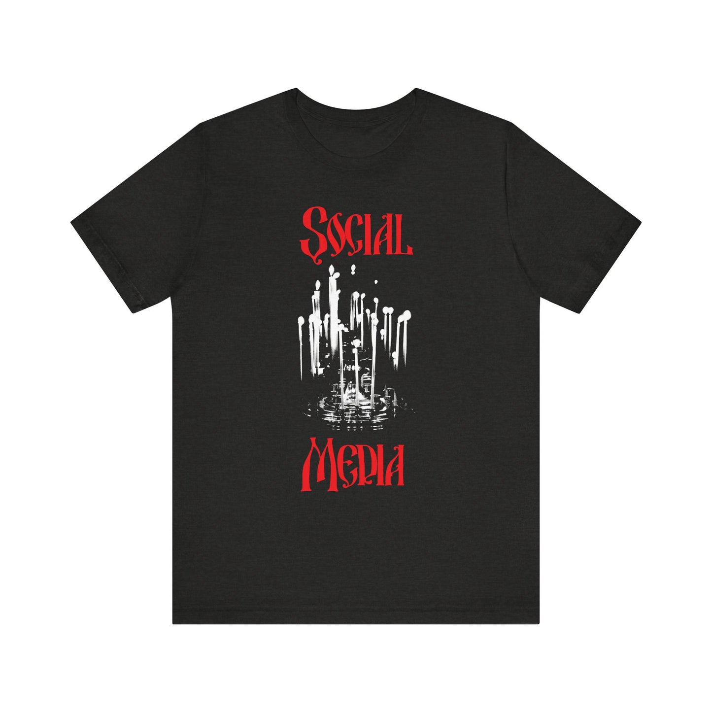Certainly! Here’s a rewritten version using the provided product data: Black Heather unisex cotton T-shirt featuring a white graphic of memorial candles on the candlestand in tribute to victorious martyrs, with "Social Media" displayed in red gothic lettering above and below.