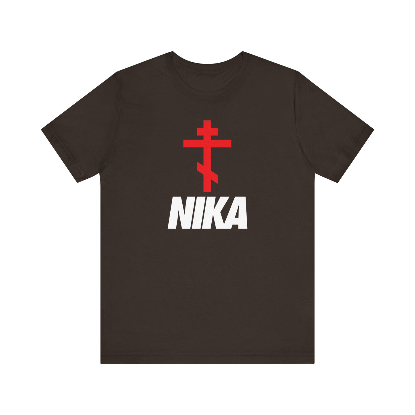 Brown Orthodox Cross with bold NIKA text tee—a minimalist Christian cotton unisex shirt inspired by athletic fashion, featuring a Christogram above striking white lettering in a playful NIKE logo mashup.