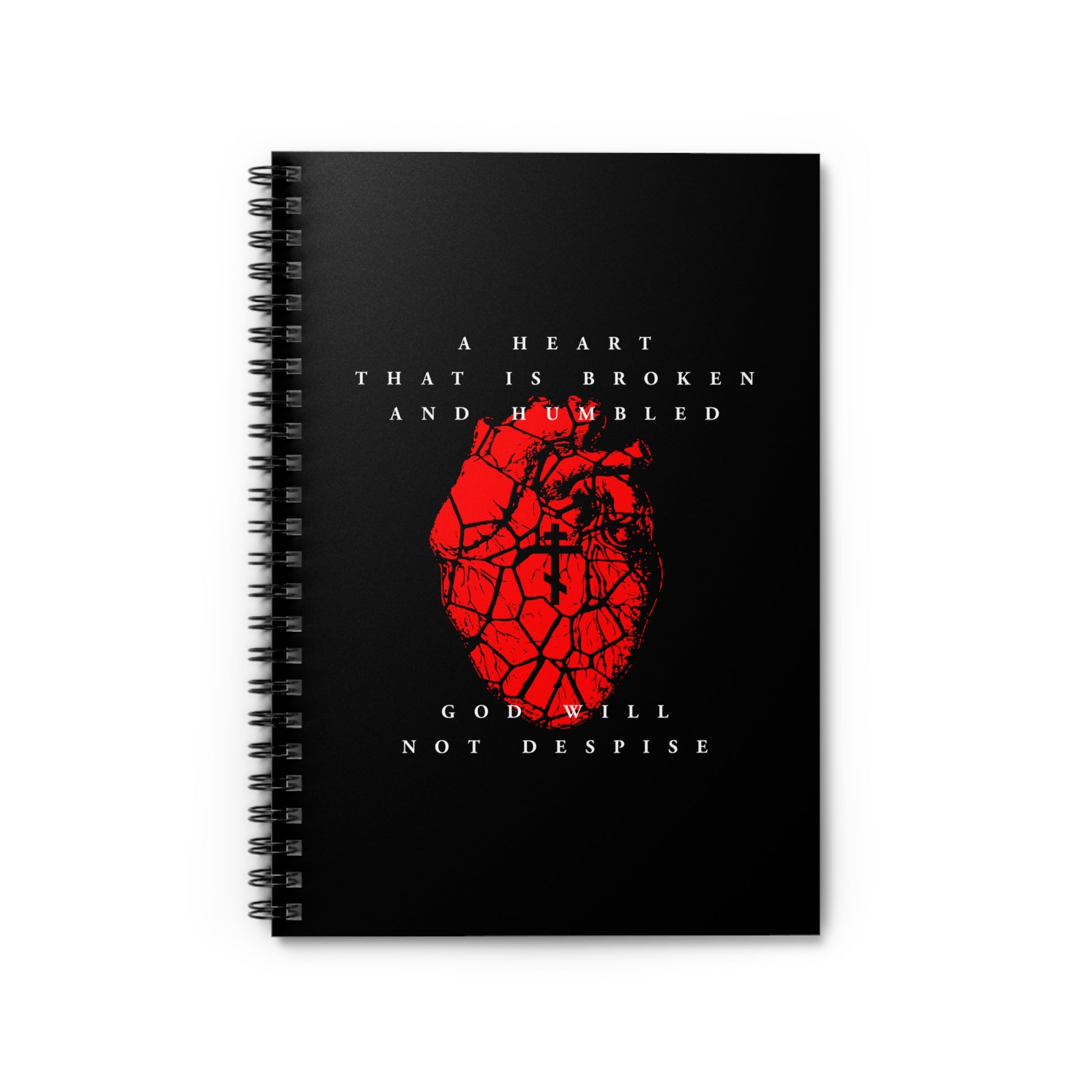 Black spiral notebook with cracked red heart and Orthodox cross, featuring “A Heart That is Broken and Humbled God Will Not Despise”—a Christian journal for repentance and reflection.