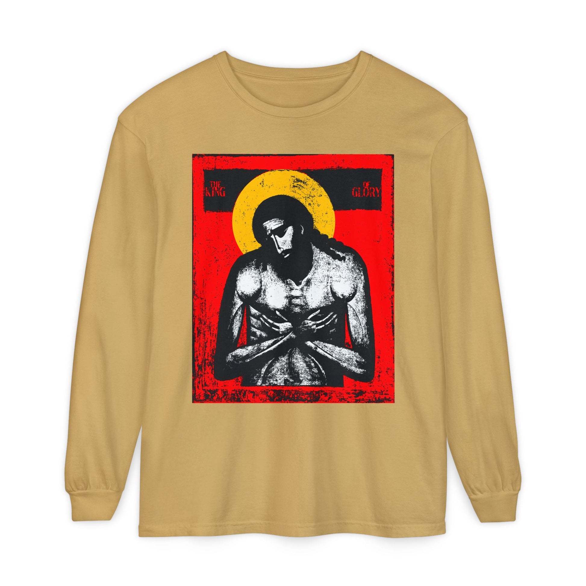 Mustard long sleeve featuring "The King of Glory Jesus Christ 'Extreme Humility' IconoGraphic" in red, yellow, white, and black—perfect for Christian devotion.