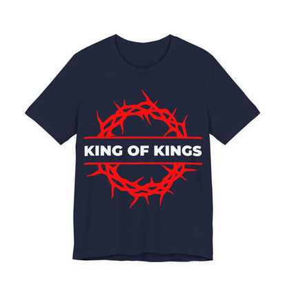 Navy "King of Kings Crown of Thorns" Orthodox Christian unisex cotton tee featuring a red crown of thorns and bold white KING OF KINGS text, inspired by Revelation 19:16.
