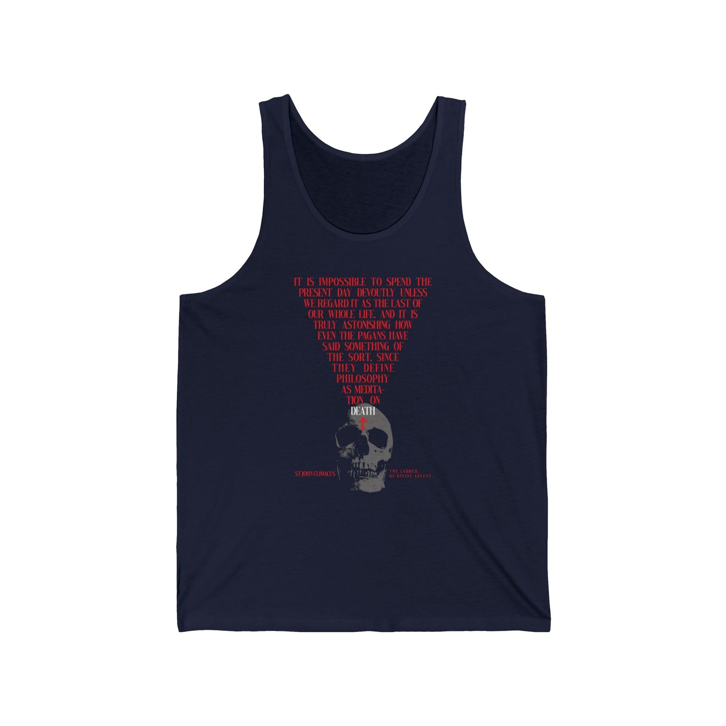 Navy tank top featuring a grayscale skull with red Orthodox cross, inspired by St John Climacus and Memento Mori—Orthodox meditation on death. Product: The Present Day As the Last Day of Our Life.