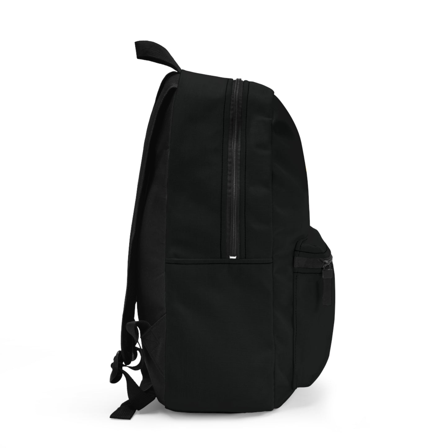 A side-view of the "Yellow Orthodox Cross Black Background" Orthodox Christian backpack, featuring a zippered pocket and adjustable straps—an everyday reminder of faith and spiritual strength.