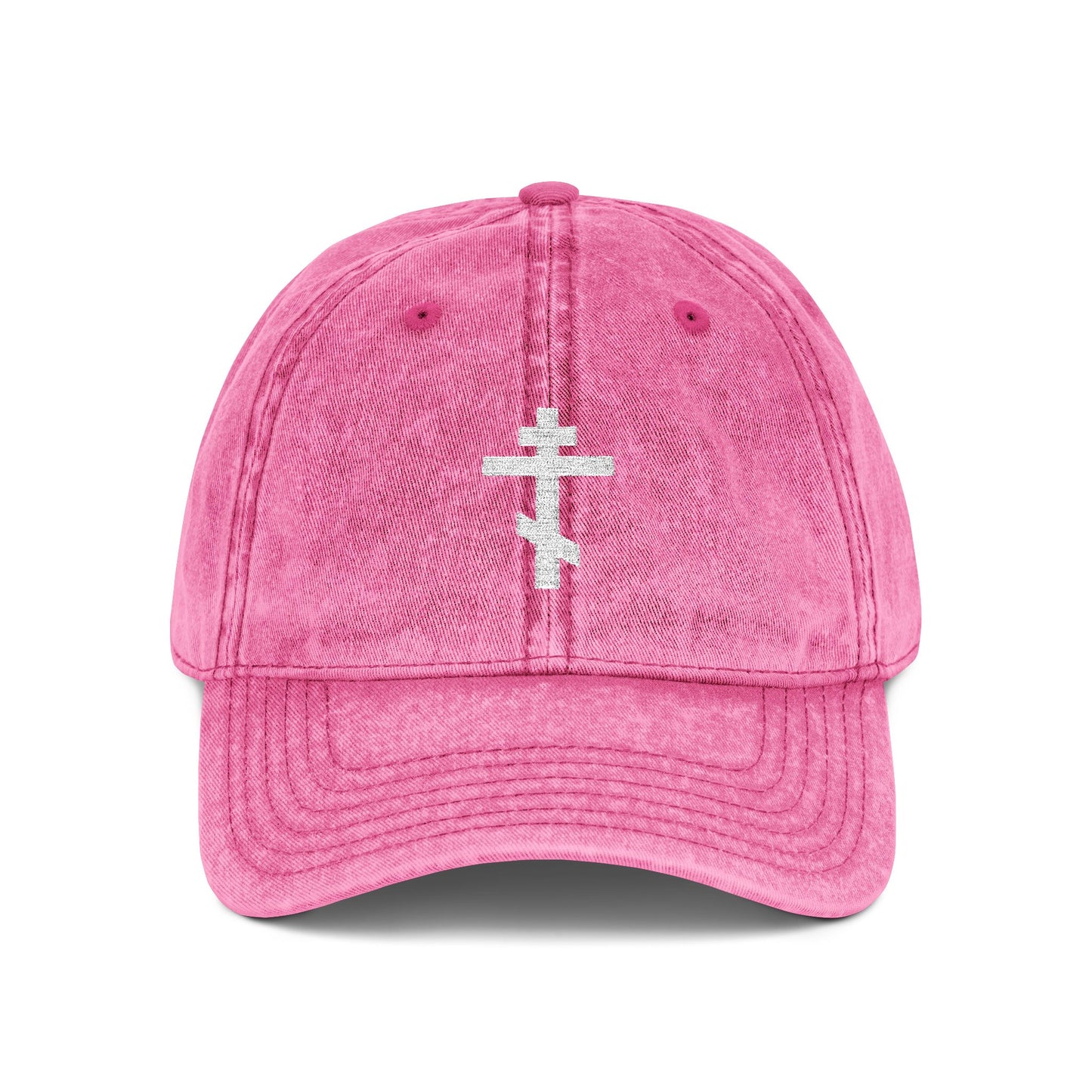 Minimalist pink cap featuring a simple white Orthodox TriBar Cross embroidery, symbolizing the Precious and Life-Giving Crucifixion. Style: "Crucify My Ego" Christian design.