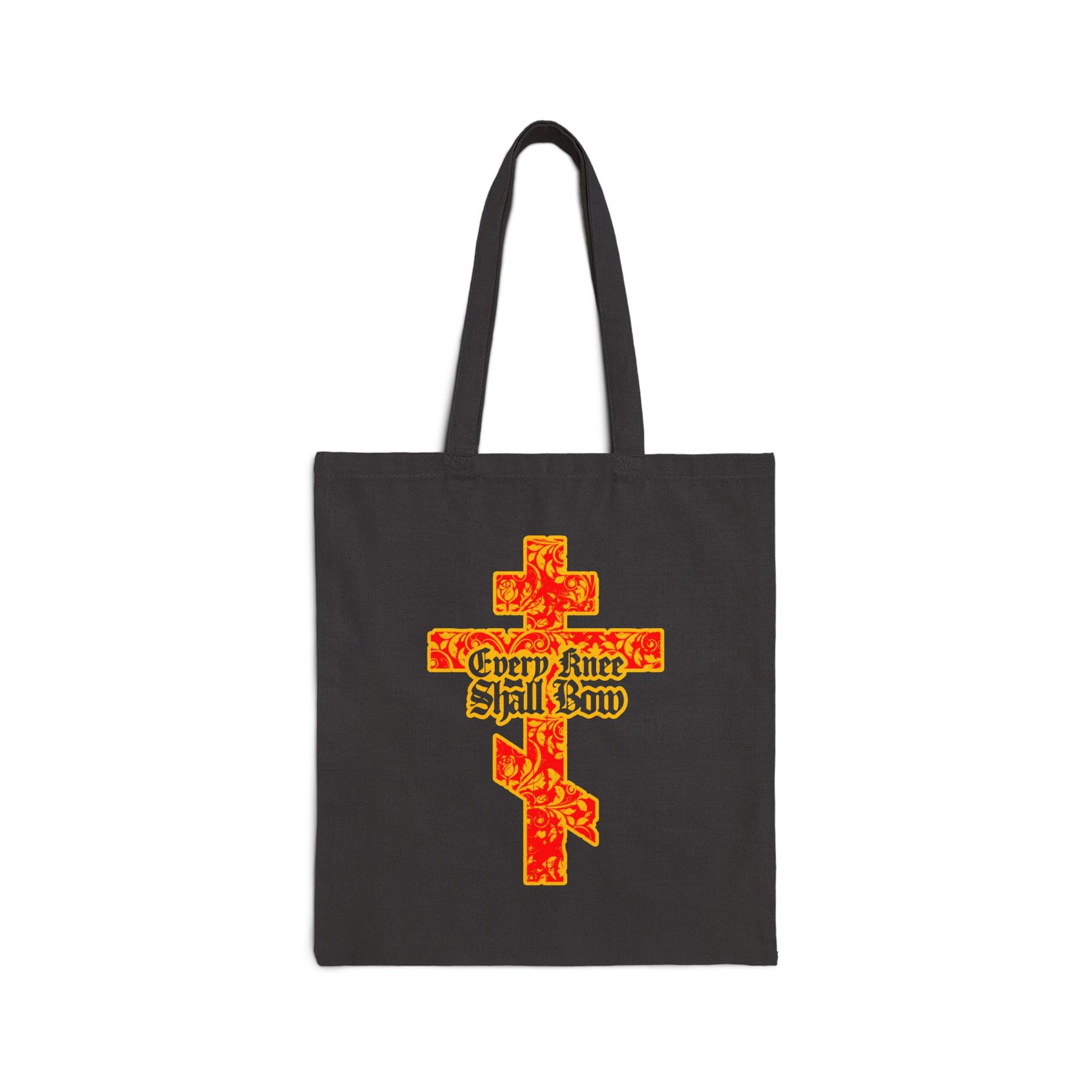 Every Knee Shall Bow (Isaiah 45:22-24, Phil 2:7-11) Christian canvas tote bag with a gold and red floral Orthodox cross and gothic lettering—a bold expression of faith and righteousness.