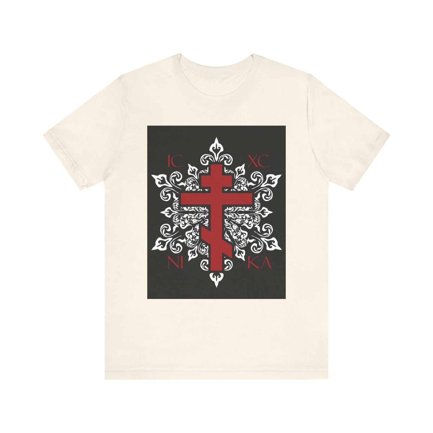 Natural ICXC / NIKA Orthodox Christian t-shirt with a bold red cross and ornate white medieval floral design. This best-selling unisex lightweight cotton tee blends faith-inspired style with comfortable everyday wear.