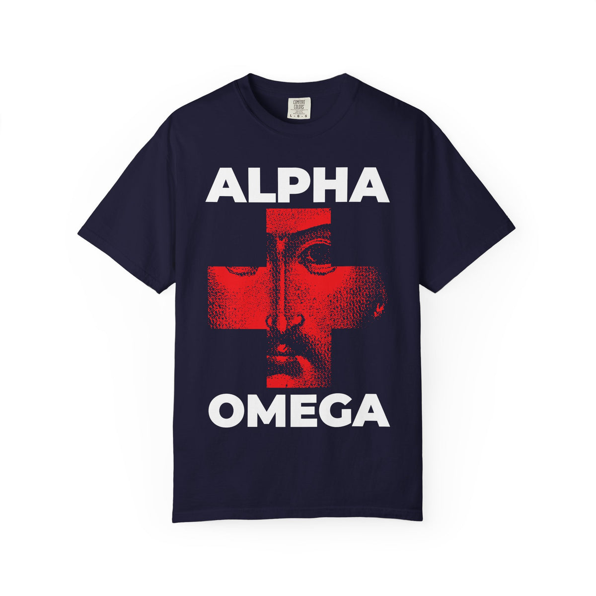 True Navy heavyweight cotton tee titled “I Am The Alpha + The Omega, The Beginning + The End (Rev 1:8),” featuring “ALPHA” above and “OMEGA” below a red cross with an iconographic depiction of Christ’s face—symbolizing the names of God.